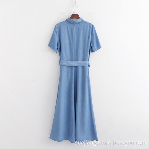 Solid Short Sleeve Denim Dress With Belt